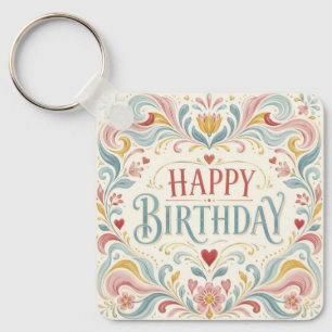 Porte-clés Joyeux Anniversaire Art Populaire Scandinave Tourb