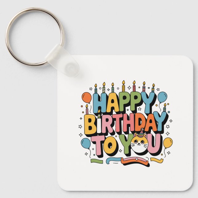 Porte-clés Joyeux Anniversaire Chat Mignon (Recto)