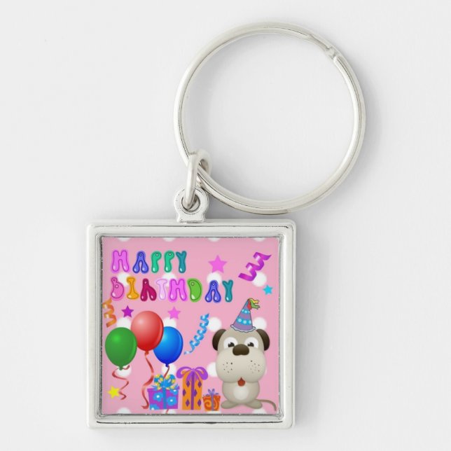 Porte-clés Joyeux anniversaire mignon chiot avec gâteau et ca (Devant)