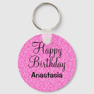 Porte-clés Joyeux Anniversaire Paillettes Rose Chaud Nom Glam