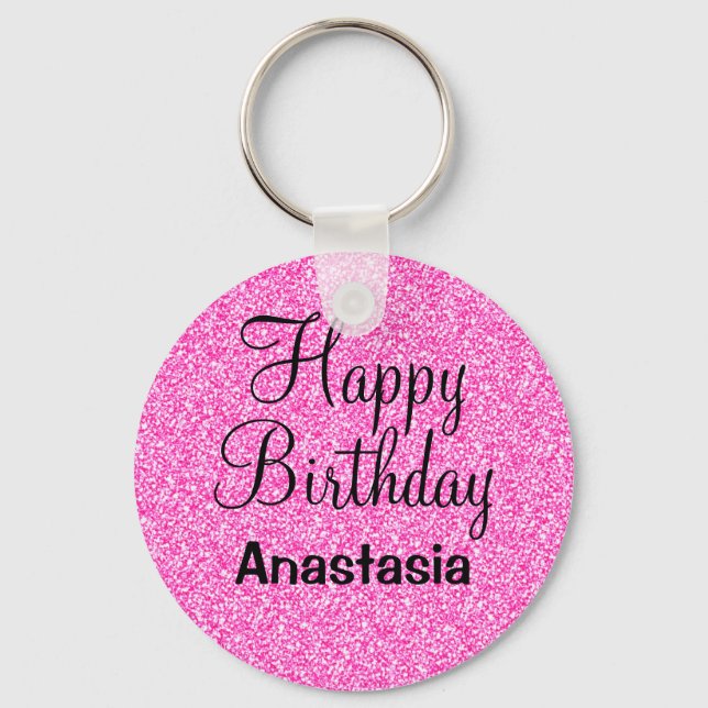 Porte-clés Joyeux Anniversaire Paillettes Rose Chaud Nom Glam (Recto)