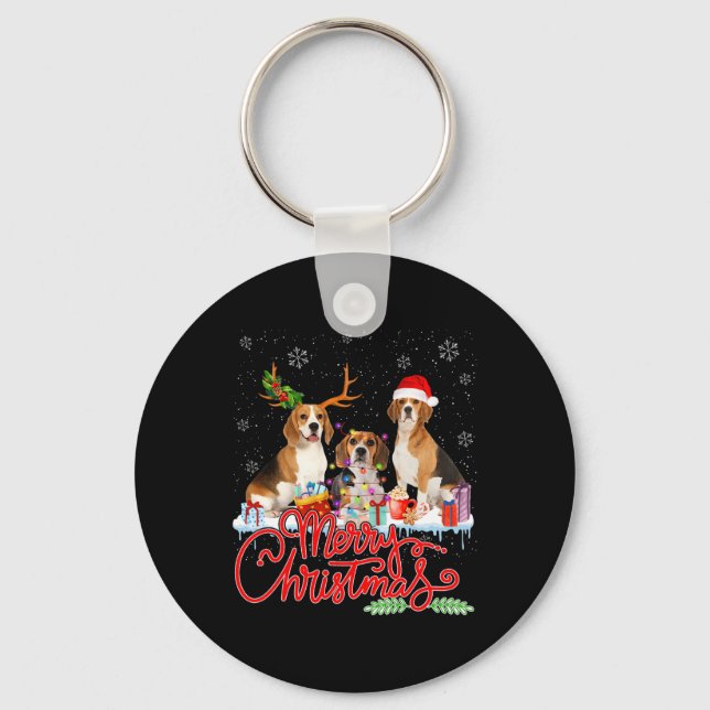 Porte-clés Joyeux Beagle de Noël Chien Père Noël Reindeer Lig (Recto)