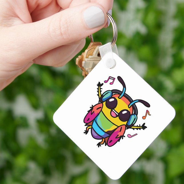 Porte-clés Joyeux cafard avec écouteurs écoutant de la musiqu (Happy cockroach with headphones listening to music. keychain)