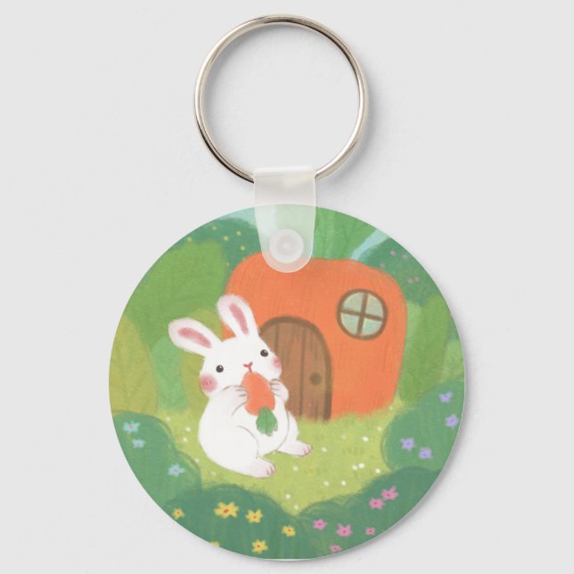 Porte-clés Joyeux lapin avec carotte en forêt (Recto)