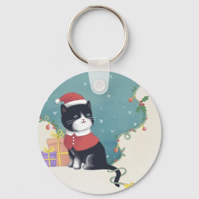 Porte-clés Joyeux Noël : Art d'illustration de chat (Recto)