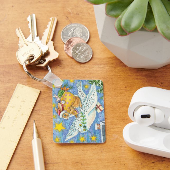 Porte-clés Joyeux Noël avec Lapin en Père Noël sur Hibou (Bureau)