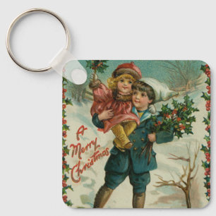 Porte-clés Joyeux Noël - carte postale rétro, enfants, houx