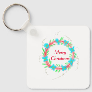 Porte-clés Joyeux Noël guirlande bleu rouge aquarelle vacance
