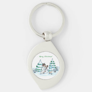 Porte-clés Joyeux Noël ! Snowman avec chat et chiot