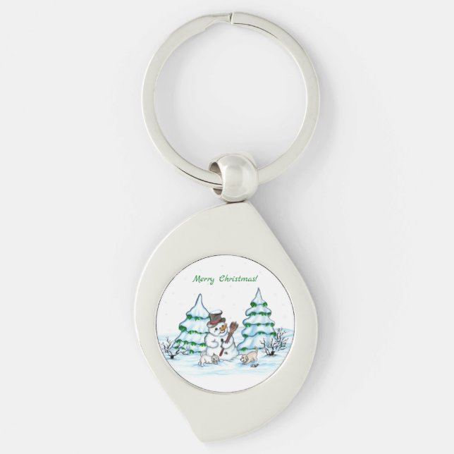 Porte-clés Joyeux Noël ! Snowman avec chat et chiot (Devant)