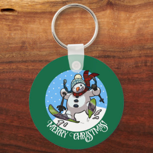 Porte-clés Joyeux Noël! Texte modifiable Ski Snowman