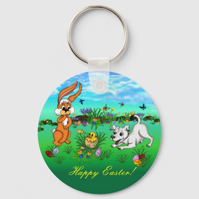 Porte-clés Joyeux Pâques ! Lapin, poussin et chiot (Recto)