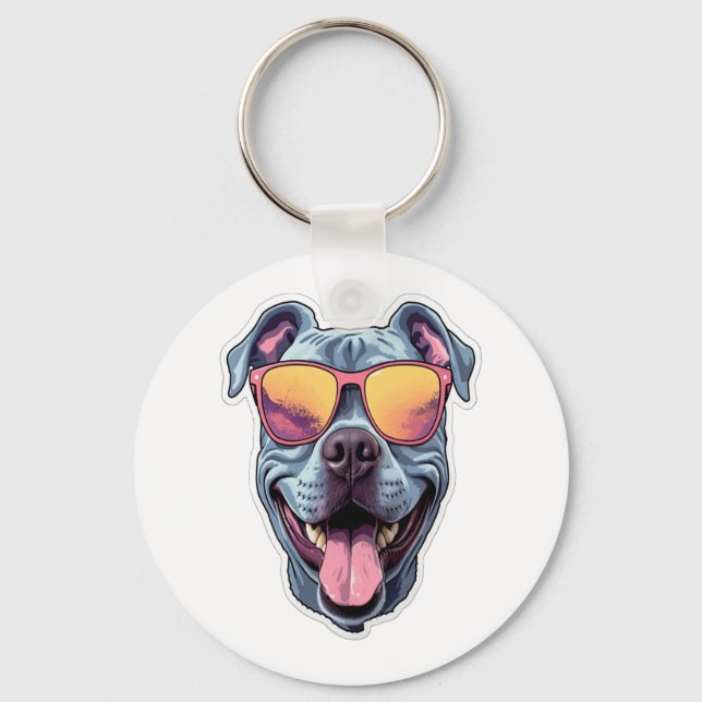 Porte-clés Joyeux Pitbull bleu portant des lunettes de soleil (Recto)