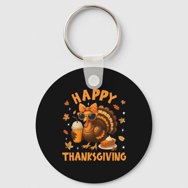 Porte-clés Joyeux Thanksgiving Drôle Dinde Buvant Du Café Bo (Recto)