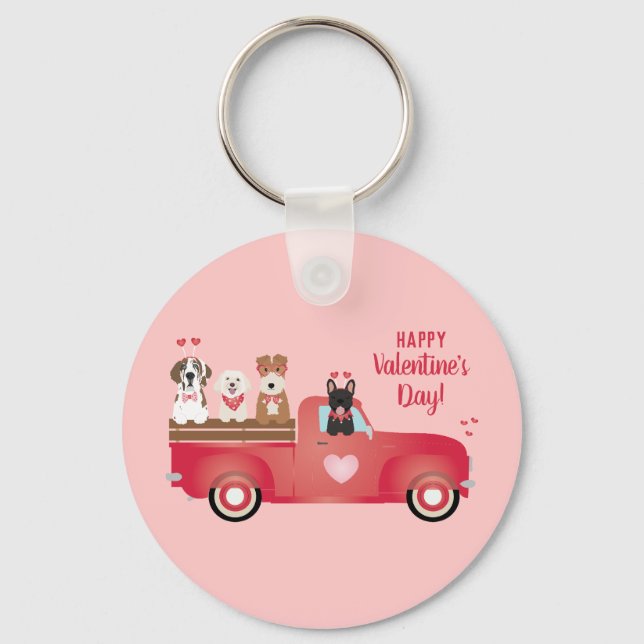 Porte-clés Joyeux Valentines Jour Pickup Camion Aimer Chiens (Recto)