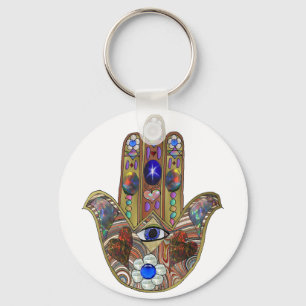 Porte-clés Judaica Hamsa Coeurs Fleurs Opal Art Imprimer