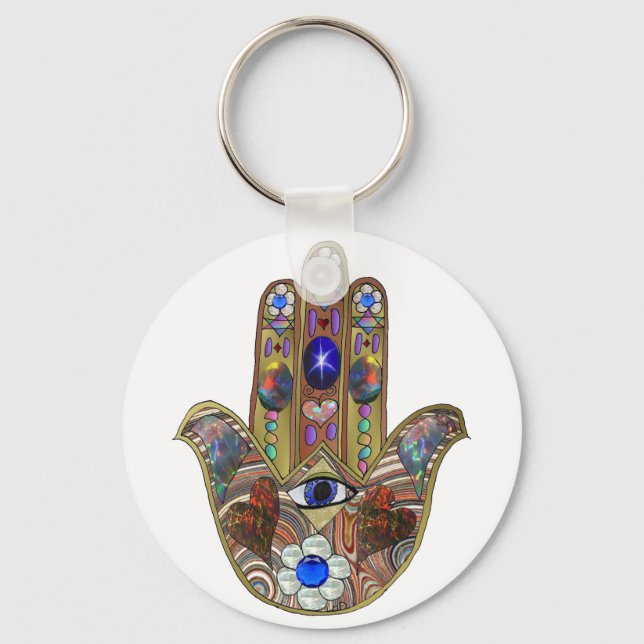 Porte-clés Judaica Hamsa Cœurs Fleurs Opale Art Imprimé (Recto)