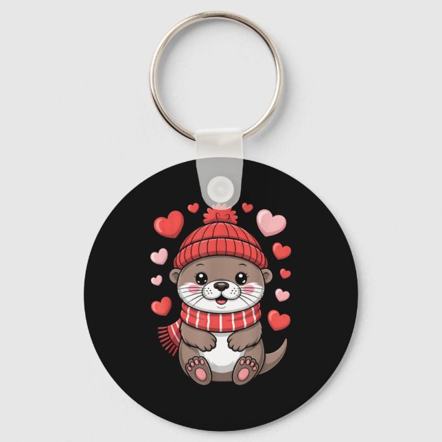 Porte-clés Kawaii Loutre Saint-Valentin Cœurs Écharpe d'Hiver (Recto)