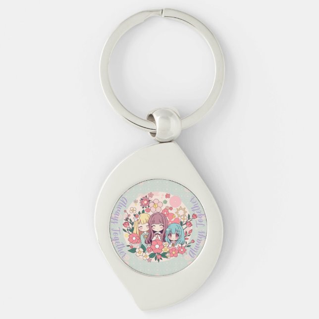 Porte-clés Kawaii Trio - Mignonnes Filles Anime & Vibes Flora (Devant)