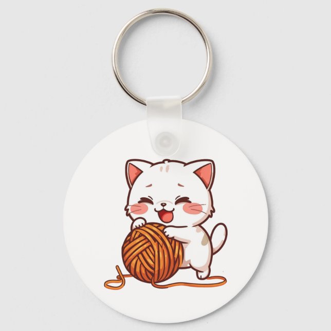 Porte-clés Kawaii White Kitten with Woolen Ball Keychain (Recto)