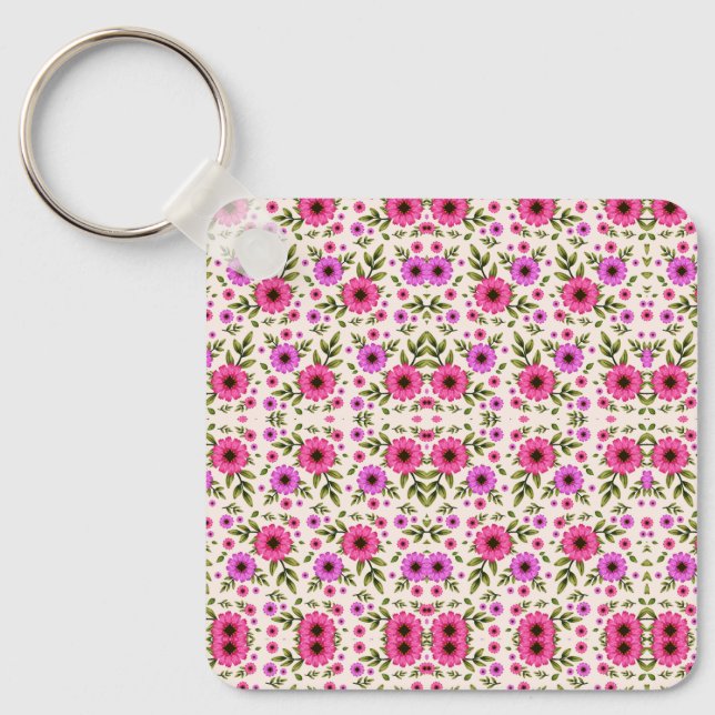 Porte-clés Keychain featuring a repetitive pink floral  (Recto)