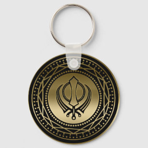 Porte-clés Khanda décoratif symbole or sur noir