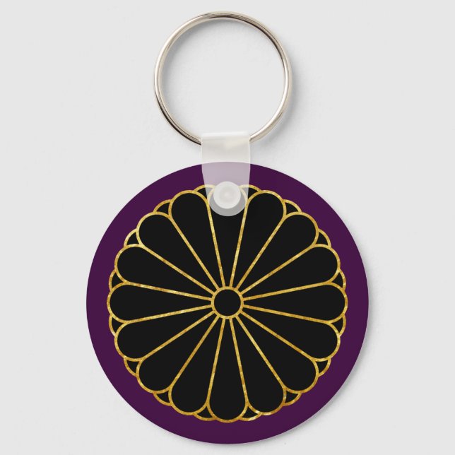 Porte-clés Kiku Chrysanthemum Mon en faux or sur violet (Recto)