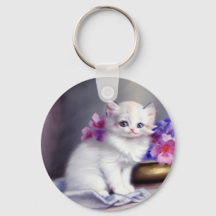 Porte-clés Kitten blanc vintage aux fleurs roses et violettes