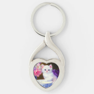 Porte-clés Kitten blanc vintage avec ruban violet