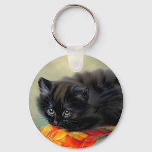 Porte-clés Kitten noir vintage avec couverture de fleurs roug