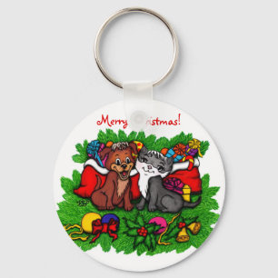 Porte-clés Kitty et chiot, Happy XMas