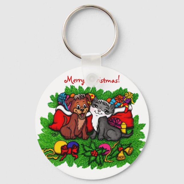 Porte-clés Kitty et chiot, Happy XMas (Recto)
