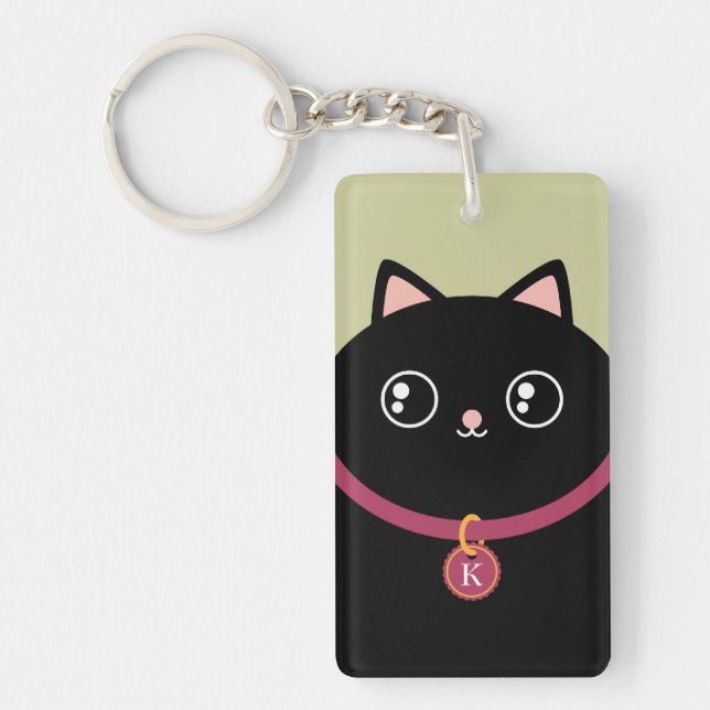 Porte-clés Kitty noir mignon font face au monogramme nommé (Devant)