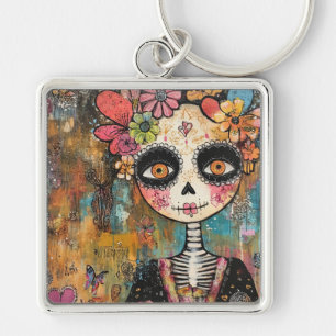 Porte-clés La Catrina squelette avec couronne de fleurs