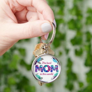 Porte-clés La meilleure MOM dans le monde Violet bleu Floral
