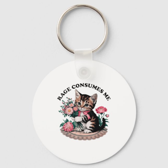 Porte-clés La rage me consume chat fleur mignon chat mème cha (Recto)