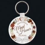 Porte-clés La servante d'honneur Rustic Fall Floral Wreath Ma<br><div class="desc">Ces porte - clés sont conçus pour offrir une faveur ou un cadeau à la servante d'honneur de votre mariage. Elles présentent une aquarelle rustique peinte à la main avec une couronne de roses et un feuillage dans les tons de bois brûlé, d'orange rouille et de pêche au corail. Le...</div>