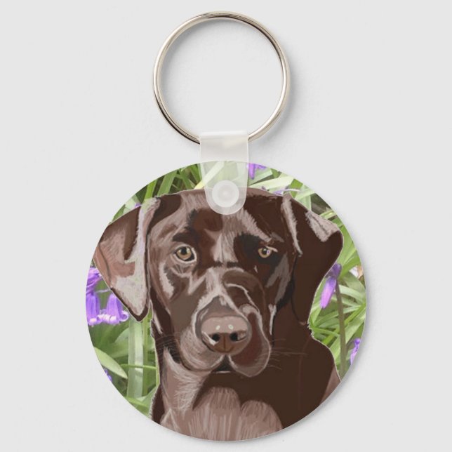 Porte-clés Labrador Brown Chocolat devant des Jacinthes (Recto)
