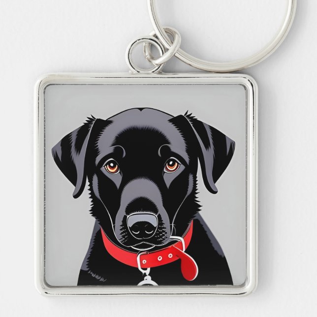 Porte-clés Labrador noir avec collier rouge (Devant)