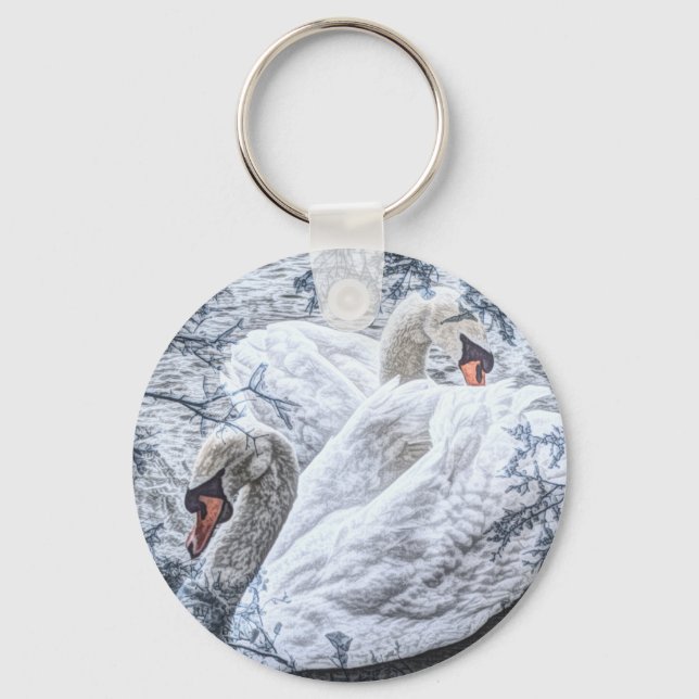 Porte-clés lac romantique nager cygne blanc (Recto)
