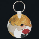 PORTE-CLÉS LADY WITH RED ROSE<br><div class="desc">Vibrant , classy French Art Deco high fashion illustration. Portrait of a beautiful young woman wearing a golden hat with flower, black white , yellow , grey colors .Cool , modern and artistic design.</div>