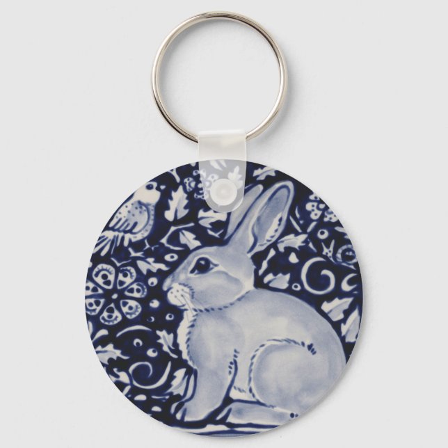 Porte-clés Lapin bleu et blanc avec motif de carreaux d'oisea (Recto)