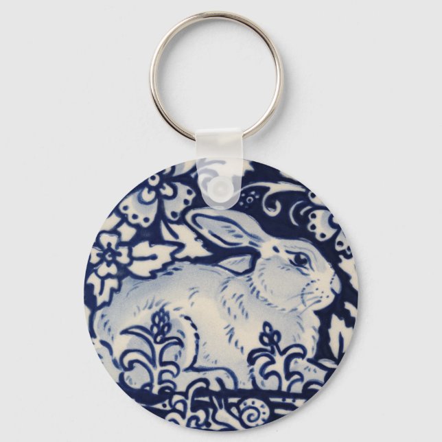Porte-clés Lapin bleu et blanc Grotte Floral Grotte de bois (Recto)