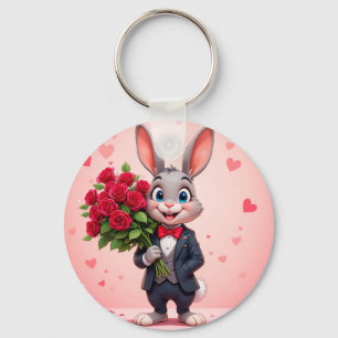 Porte-clés Lapin de dessin animé charmant tenant des roses