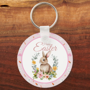 Porte-clés Lapin de Pâques aquarelle mignon Couronne florale