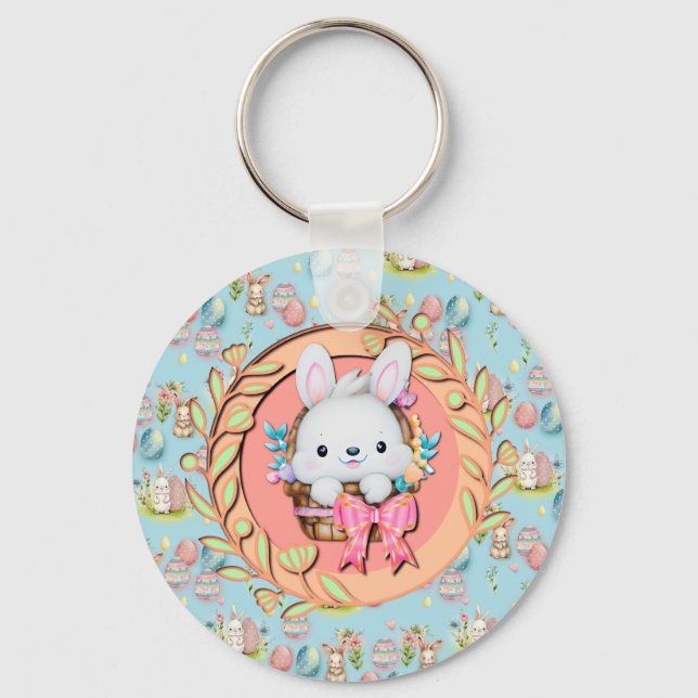 Porte-clés Lapin de Pâques mignon assis dans le panier (Recto)