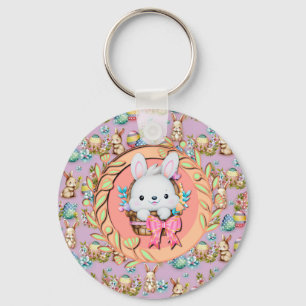 Porte-clés Lapin de Pâques mignon assis dans le panier