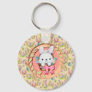 Porte-clés Lapin de Pâques mignon assis dans le panier
