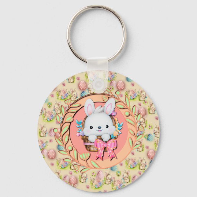 Porte-clés Lapin de Pâques mignon assis dans le panier (Recto)