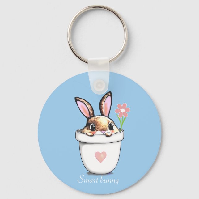 Porte-clés Lapin intelligent avec Fleur et Coeur sur Bleu cla (Recto)